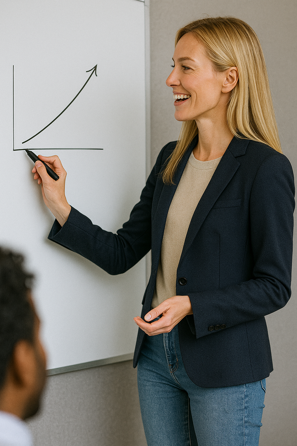Affärskvinna visar tillväxtdiagram - Kapitalförvärv